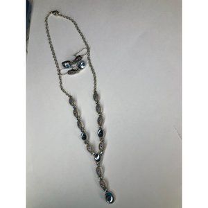 Gorgeous Vintage Blue Cabochon and Rhinestone Filigree Y necklace and earring se